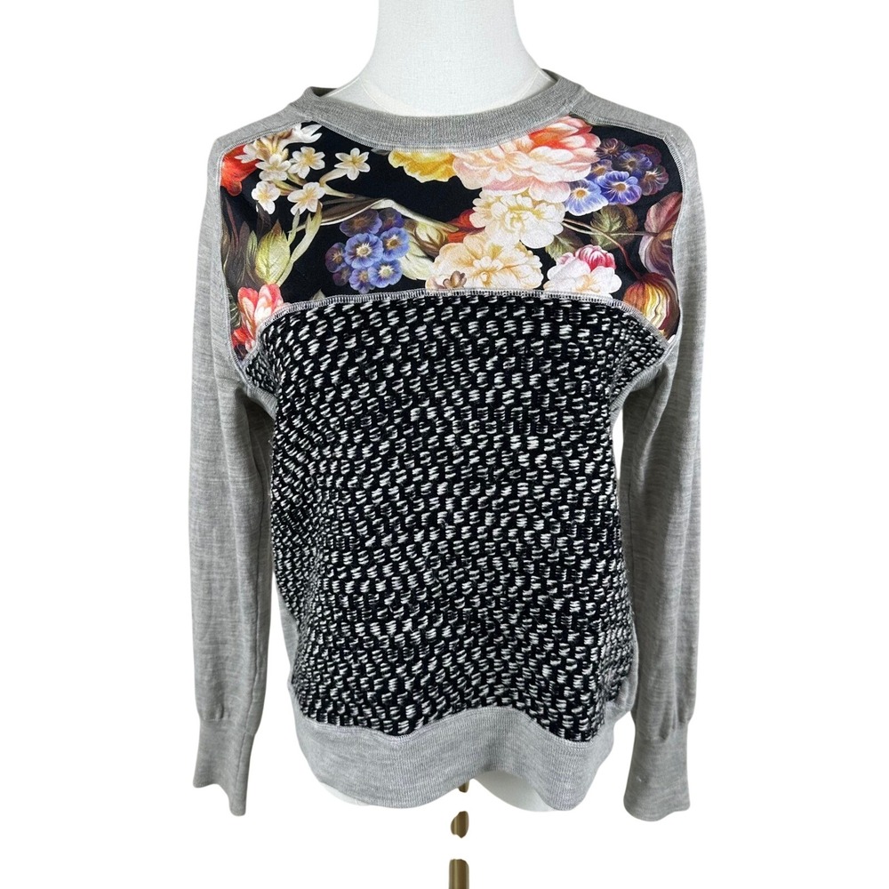 J.Crew Mixed Media Sweater Womens S Gray Floral Silk Merino Wool Boho